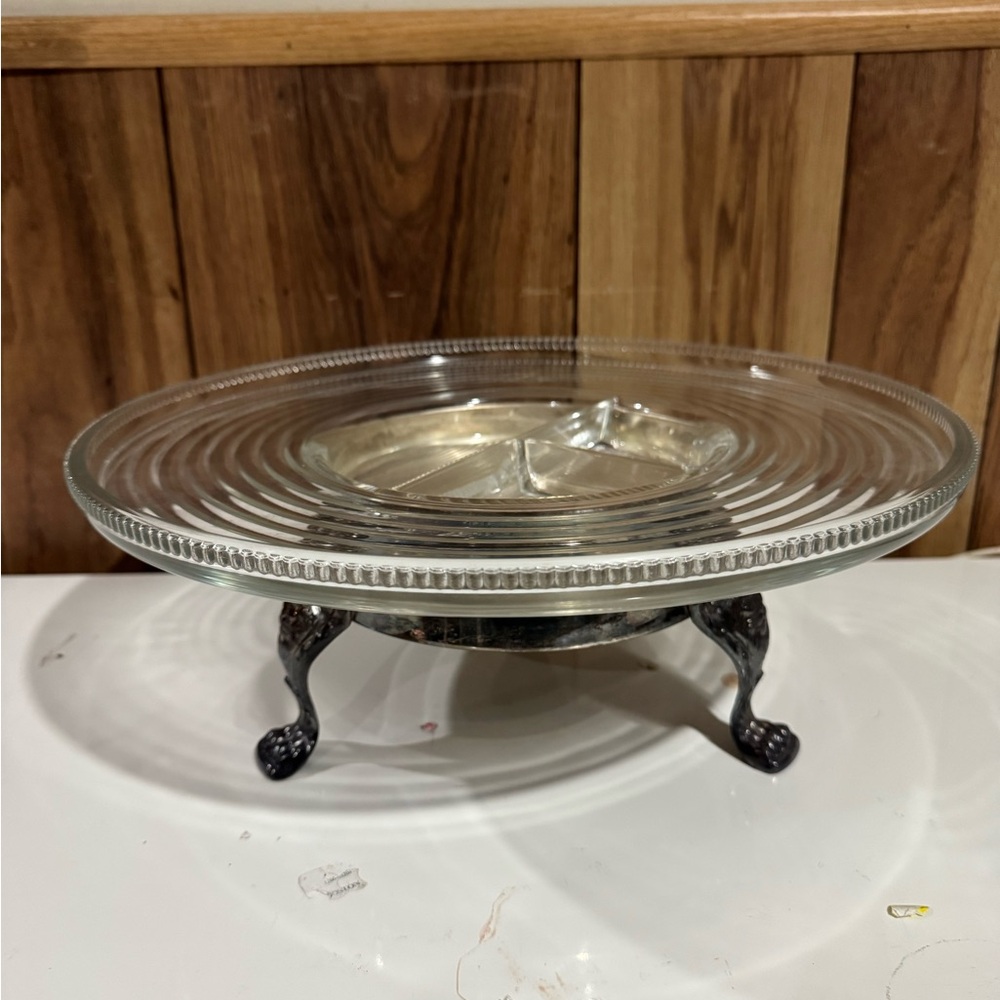 Vintage F.B. Rogers 1883 Silver Plated Rotating Stand With Glass Serving Plate